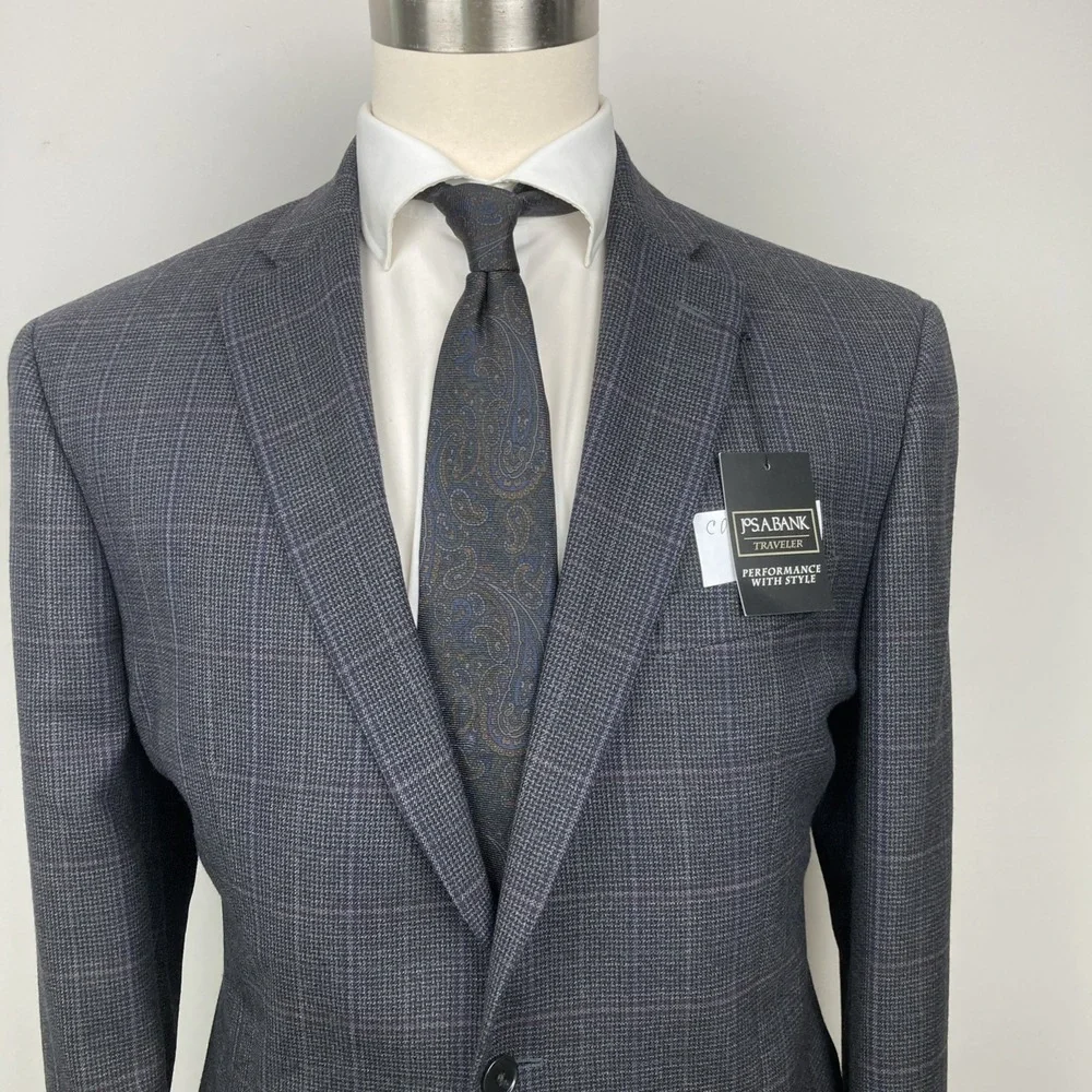 Jos A Bank Men's Blazer Sportcoat 44L Tailored Fit Check Grey
